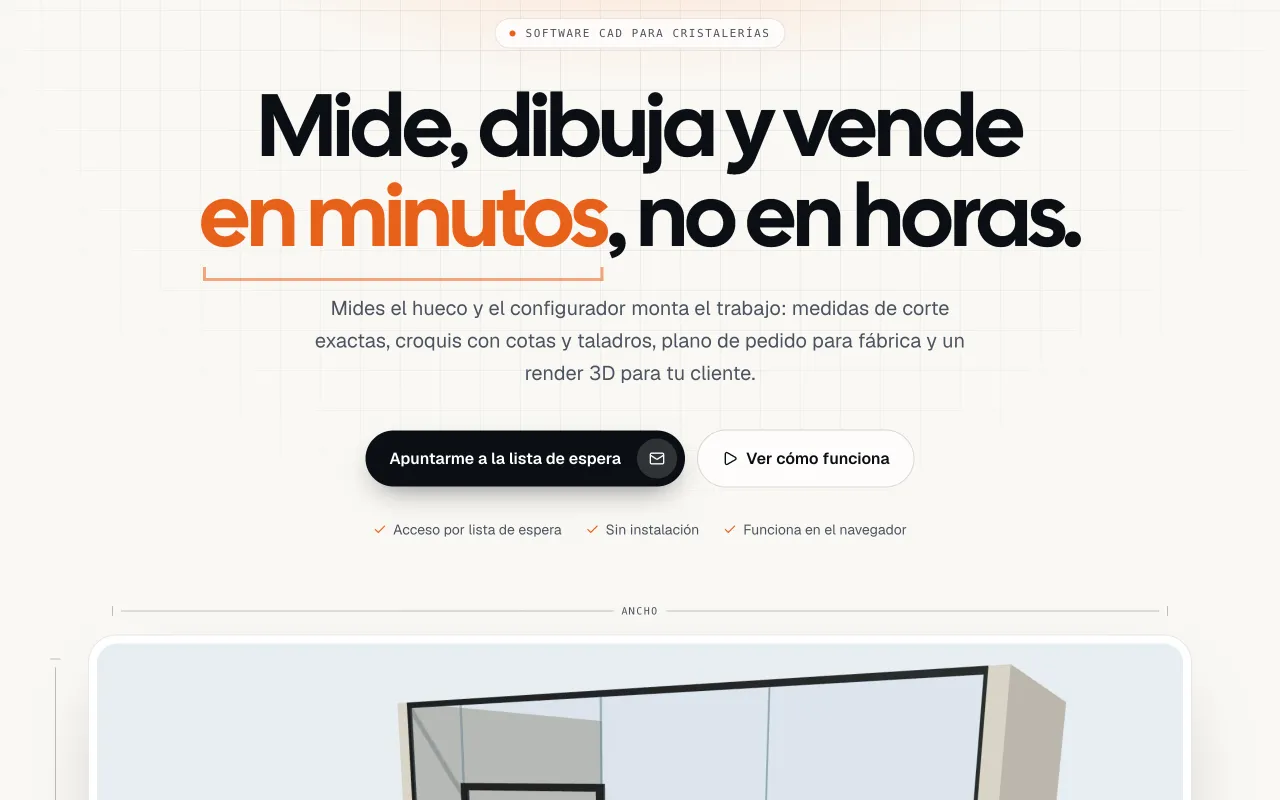 Portada de cristalcad.com: «Mide, dibuja y vende en minutos, no en horas», con el vídeo 3D de los productos